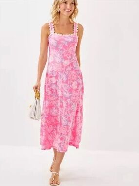 Lilly Pulitzer Dwyer Midi Dress Rousseau Pink Zen Garden Pink Floral Midi Dress